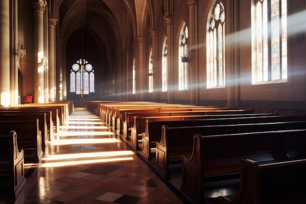 Vista panoramica dei banchi della cattedrale vuoti in luce soffusa creata con l'IA generativa