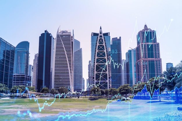 Vista panoramica dei grattacieli in acciaio e vetro di Dubai Marina Paesaggio urbano moderno della capitale degli Emirati Arabi Uniti Hub dei servizi finanziari Grafico FOREX e concetto grafico Doppia esposizione
