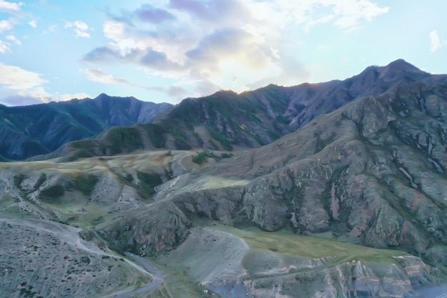 Vista panoramica dei monti Altai dal drone, vista della natura collinare del paesaggio russia