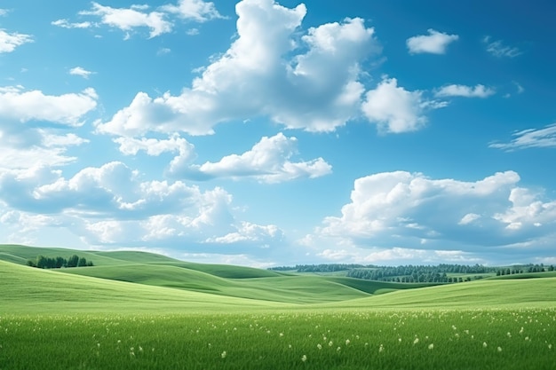Vista panoramica del campo di erba verde, cielo azzurro e nuvole, perfetta natura sullo sfondo, soleggiata giornata estiva