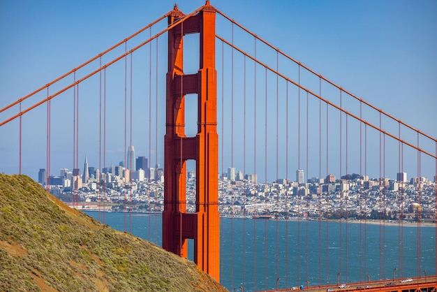 Vista panoramica del famoso Golden Gate Bridge contro il paesaggio urbano in una giornata di sole