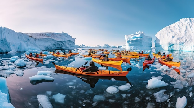 Vista panoramica del kayak nel cimitero di Iceberg in Antartide Generative ai