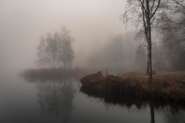 Vista panoramica del lago contro il cielo durante il tempo nebbioso