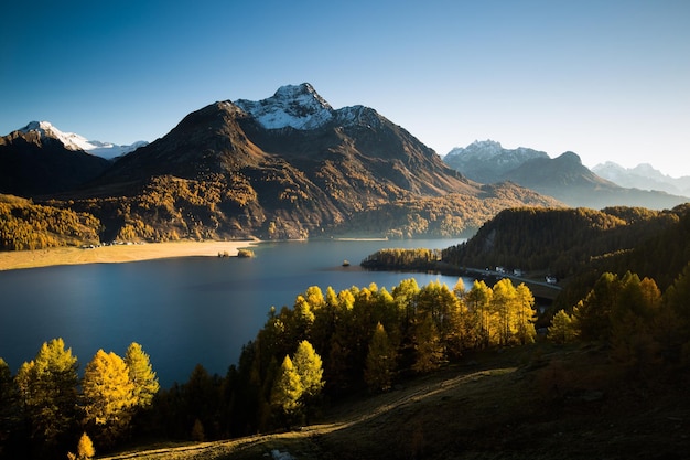 Vista panoramica del lago e delle montagne contro un cielo limpido