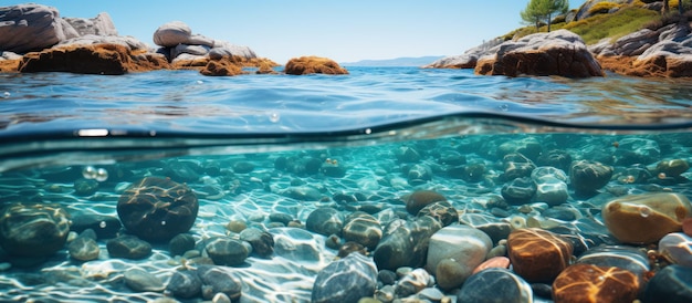 Vista panoramica del mare con pietre e acqua limpida