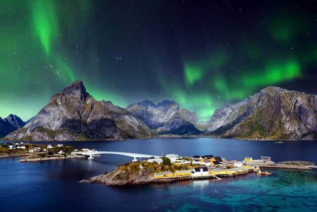 Vista panoramica del mare e delle montagne sul cielo notturno