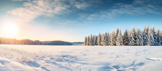 Vista panoramica del paesaggio invernale di pini con il cielo blu alla luce del sole mattutino