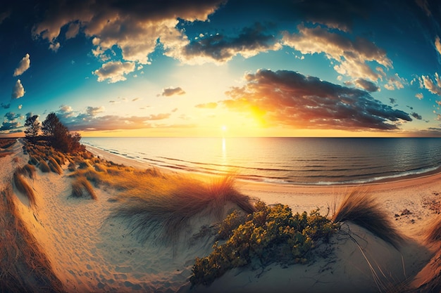 Vista panoramica del paesaggio marino contro il tramonto, costa del Mar Baltico con onde e bellissimo cielo nuvoloso