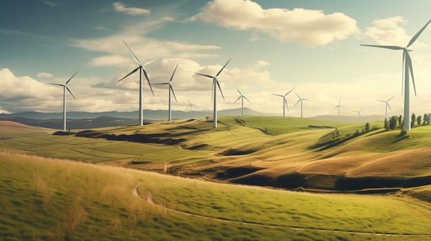 Vista panoramica del parco eolico o del parco eolico con turbine eoliche ad alta potenza per la generazione di elettricità con spazio di copia concetto di energia verde IA generativa