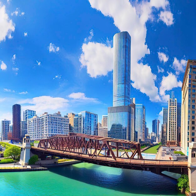 Vista panoramica del ponte del centro di chicago e dell'edificio usa