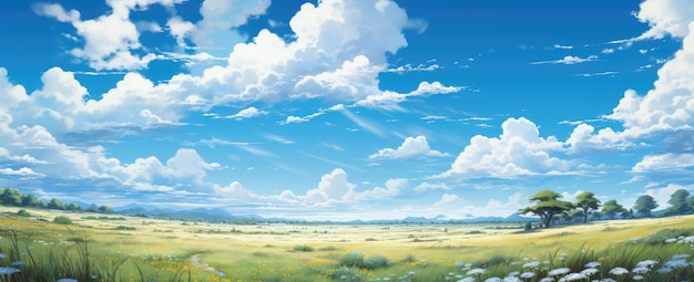 Vista panoramica del prato e del cielo azzurro con nuvole bianche