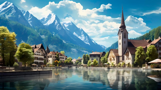 Vista panoramica del villaggio e del lago di Hallstatt in Austria