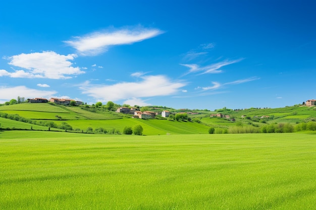 Vista panoramica del villaggio primaverile con prato verde su colline con cielo blu