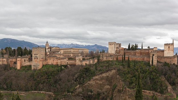 Vista panoramica dell'Alhambra di Granada sullo sfondo Sierra Nevada Comunità dell'Andalusia Spagna