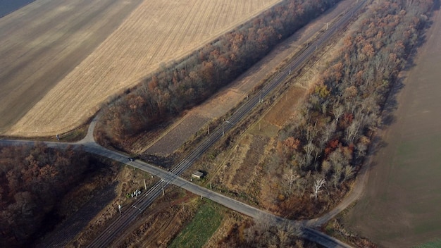 Vista panoramica dell'attraversamento ferroviario tra i campi di alberi drone aereo giorno d'autunno