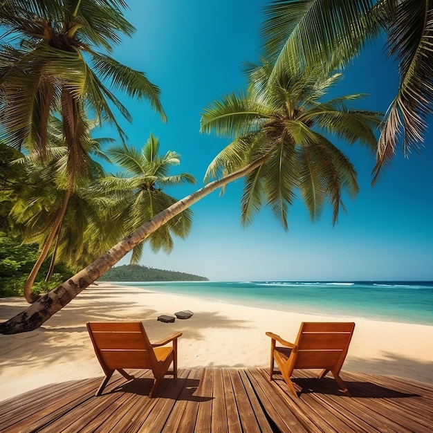 Vista panoramica dell'isola tropicale con palme e spiaggia Generative AI