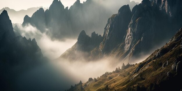 Vista panoramica della catena montuosa con nebbia al mattino IA generativa