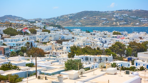 Vista panoramica della città di Mykonos (Chora) nell'isola di Mykonos, Greece