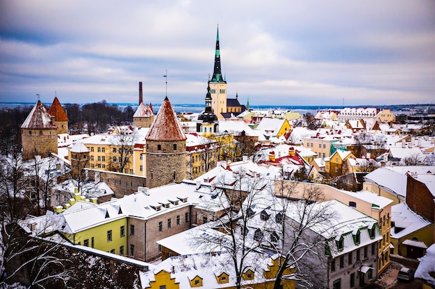 Vista panoramica della città vecchia di Tallinn in una giornata invernale nuvolosa. Tetti di Tallinn coperti di neve, città vecchia T