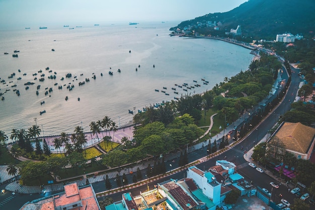 Vista panoramica della costa di Vung Tau dall'alto con le onde della costa delle strade della montagna degli alberi di cocco