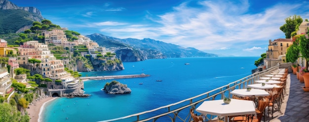 Vista panoramica della Costiera Amalfitana sulle colline con fiori e mare Campania Italia Ai generativa