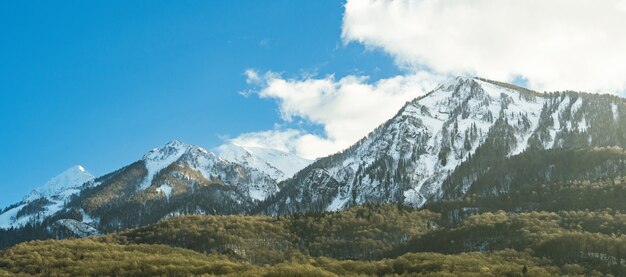 Vista panoramica della cresta della montagna di Aibga dal villaggio di Krasnaya Polyana al cielo blu al giorno di inverno. Sochi, Russia