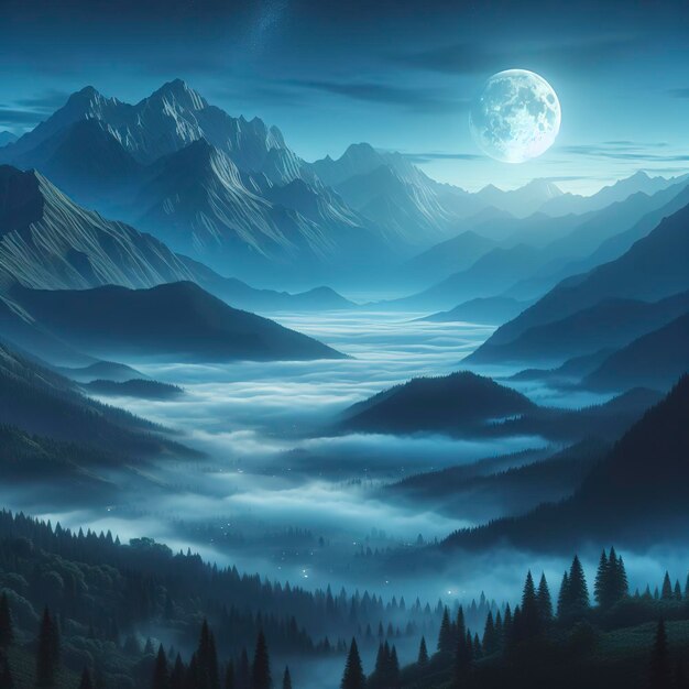 Vista panoramica della montagna vista notturna luna piena montagna nella nebbia illustrazione 3D