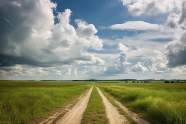 Vista panoramica della strada sterrata e del campo erboso AI