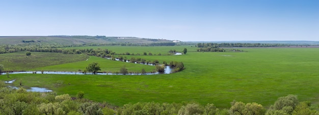 Vista panoramica della valle del fiume nella parte centrale della Russia. Vista dall'alto di un prato primaverile con erba.
