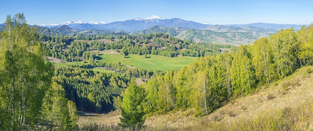 Vista panoramica della valle di montagna il giorno di primavera