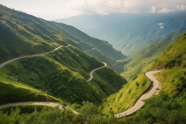 Vista panoramica delle montagne con strada tortuosa circondata da una vegetazione lussureggiante creata con l'IA generativa