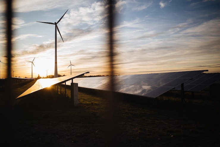 Foto vista panoramica delle turbine eoliche sulla terraferma contro il cielo durante il tramonto