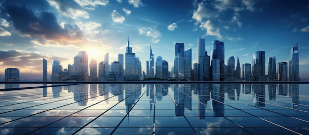 Vista panoramica dello skyline della città moderna con riflesso nell'acqua