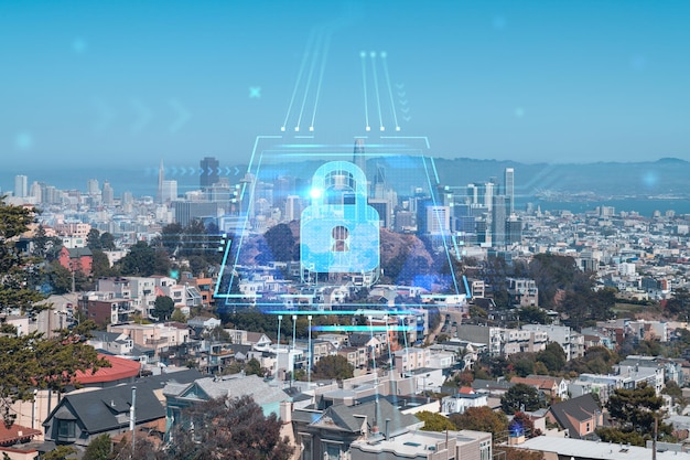 Vista panoramica dello skyline di San Francisco durante il giorno dal lato della collina Quartieri residenziali del distretto finanziario Il concetto di sicurezza informatica per proteggere l'ologramma del lucchetto delle informazioni riservate