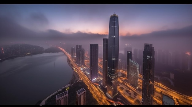 vista panoramica dello skyline di una città con un fiume e un ponte ai