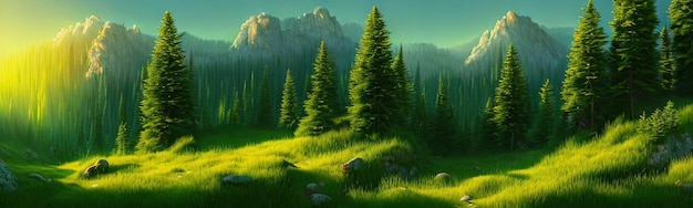 Vista panoramica di grandi montagne bellissimi prati verdi con alberi di conifere