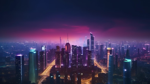 Vista panoramica di moderni edifici per uffici e alti grattacieliIllustrazione futuristica delle tecnologie future IA generativa
