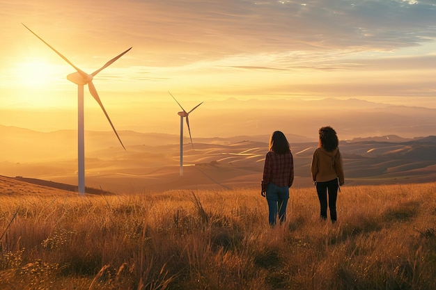 Vista panoramica di parco eolico o parco eolitico con turbine eoliche ad alta potenza per la generazione di elettricità con spazio di copia Il concetto di energia verde illustrato da AI