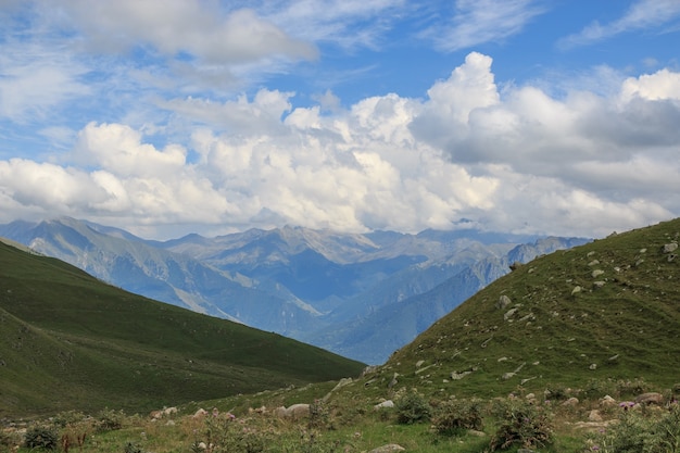 Vista panoramica di scene di montagne nel parco nazionale Dombay, Caucaso, Russia, Europa. Cielo blu drammatico e paesaggio estivo soleggiato