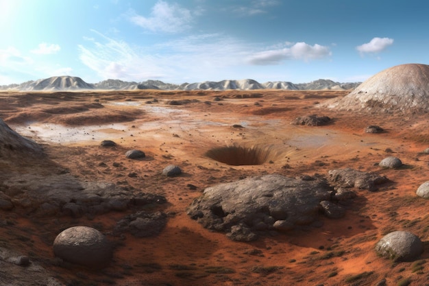 Vista panoramica di un campo di crateri con più siti di impatto creati con ai generativo