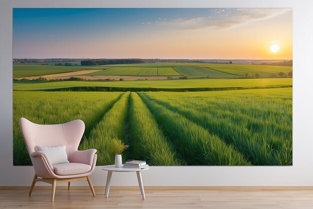 Vista panoramica di un campo verde alla luce del sole serale