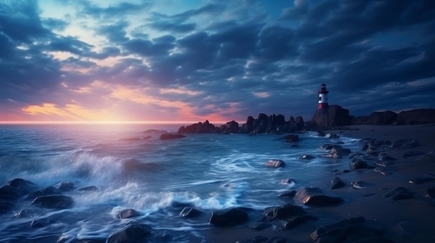 vista panoramica di un faro su una spiaggia rocciosa al tramonto ai generativa