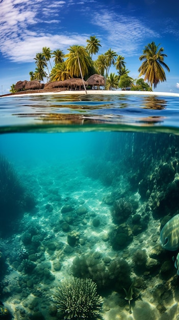 vista panoramica di un'isola tropicale con una barriera corallina e un'ai generativa della tartaruga