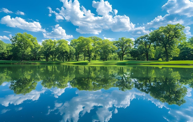 Vista panoramica di un lago in primavera con il riflesso delle nuvole