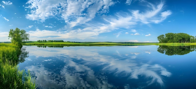 Vista panoramica di un lago in primavera con il riflesso delle nuvole