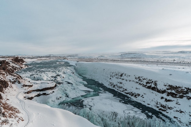 Vista panoramica di un paesaggio innevato contro un cielo nuvoloso