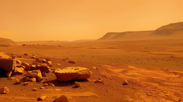 Vista panoramica di un paesaggio marziano con sfumature arancioni