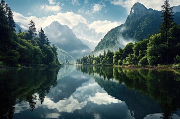 Vista panoramica di un tranquillo lago circondato da lussureggianti foreste verdi