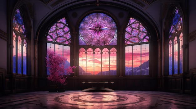 vista panoramica di una bellissima vetrata colorata in una chiesa ai generativa