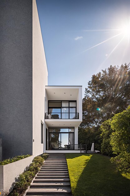 vista panoramica di una casa moderna con una scala che conduce alla porta d'ingresso